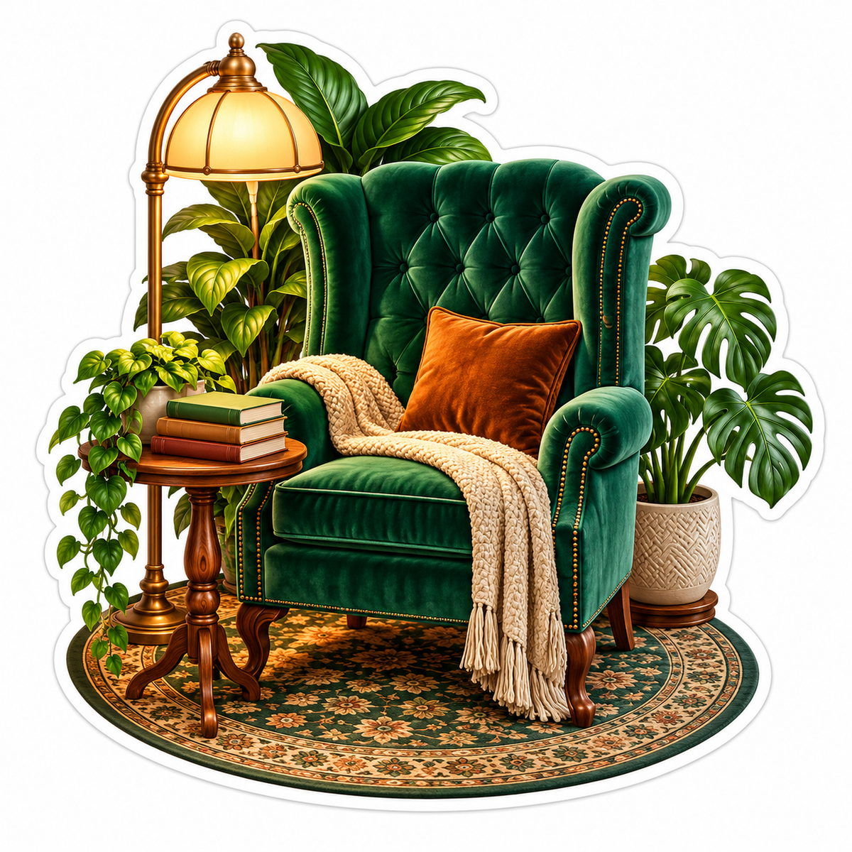 Green Velvet Chair With Books and Lamp Art Vinyl Decal Stickers