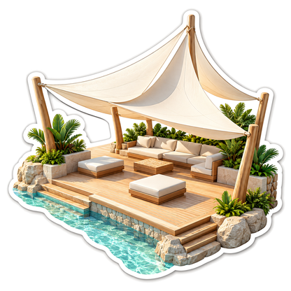 Cream Sail Shade above Wooden Lounge Terrace Vinyl Decal Stickers