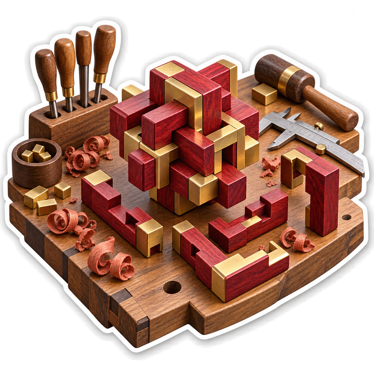 Red Gold Puzzle Blocks and Carving Tools Art Vinyl Decal Stickers
