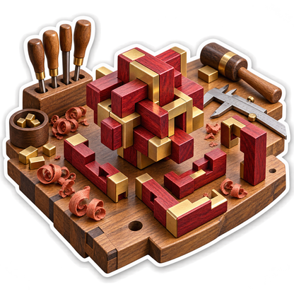 Red Gold Puzzle Blocks and Carving Tools Art Vinyl Decal Stickers