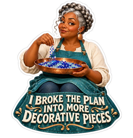 Woman Holding a Copper Bowl of Blue Glass Chips Vinyl Decal Stickers