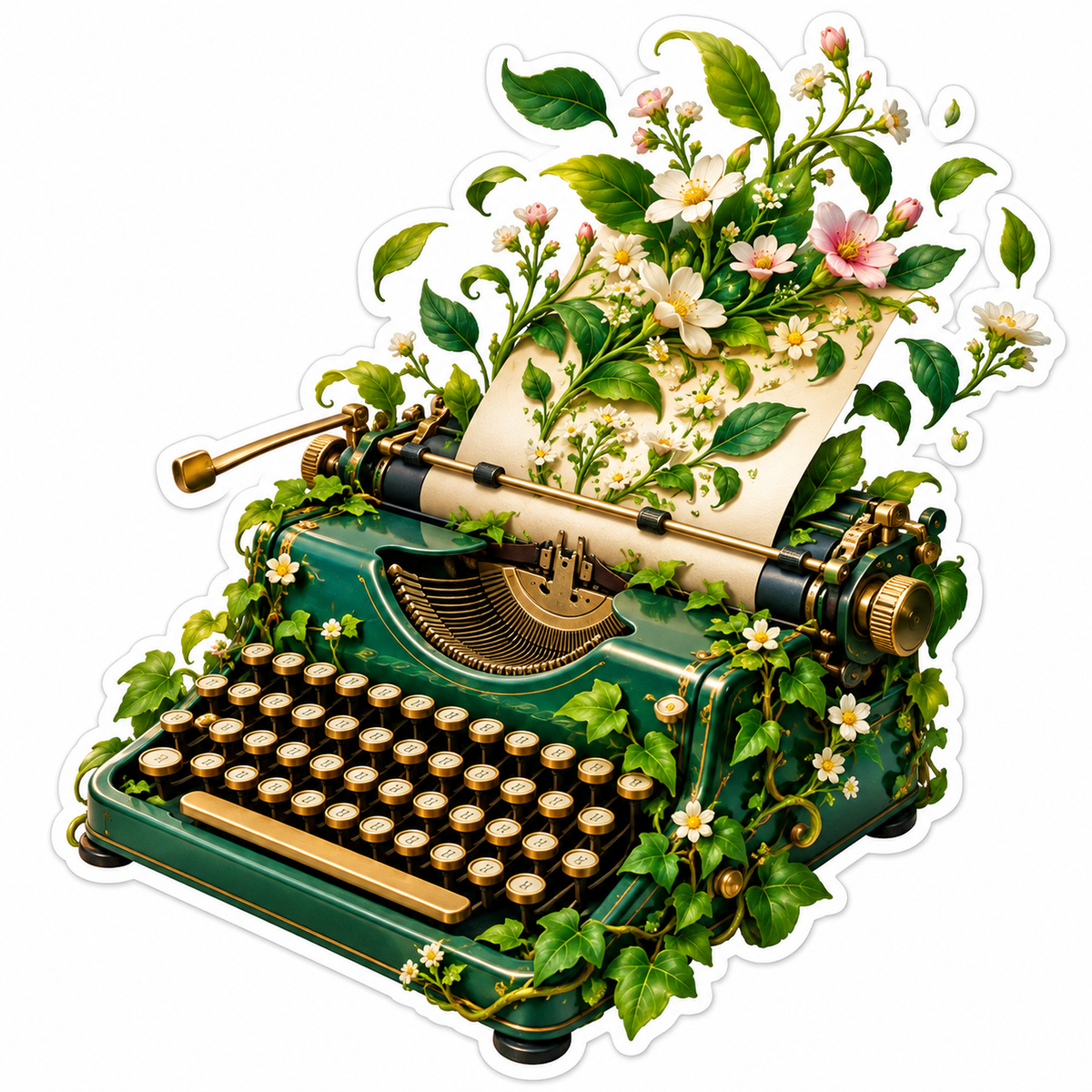 Green Typewriter with Blossoming Paper Vinyl Decal Stickers