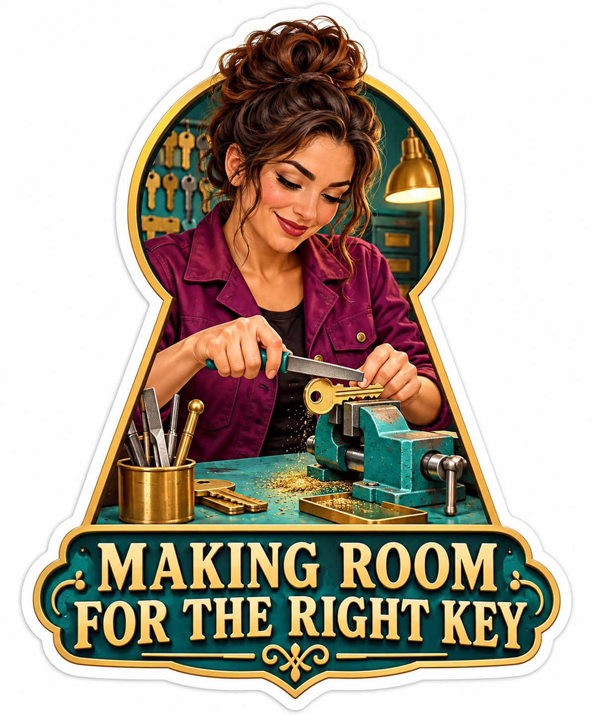 Locksmith Filing a Golden Key in a Teal Vise Vinyl Decal Stickers