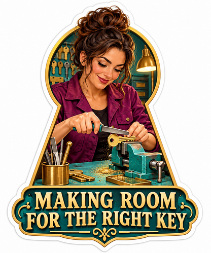 Locksmith Filing a Golden Key in a Teal Vise Vinyl Decal Stickers