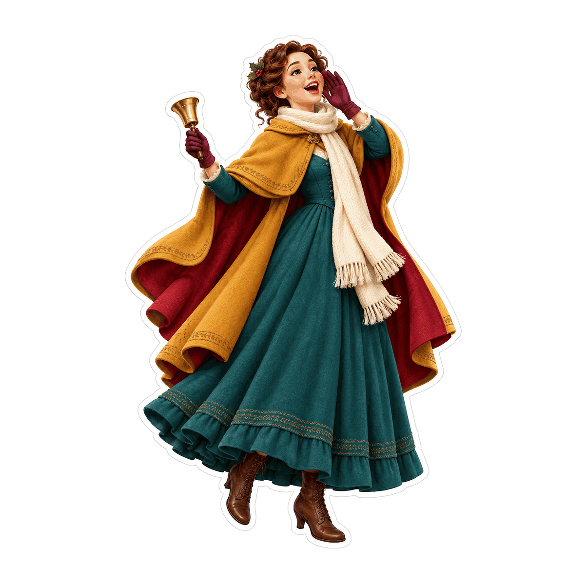 Woman Caroler in Gold Cape Ringing Bell Art Vinyl Decal Stickers