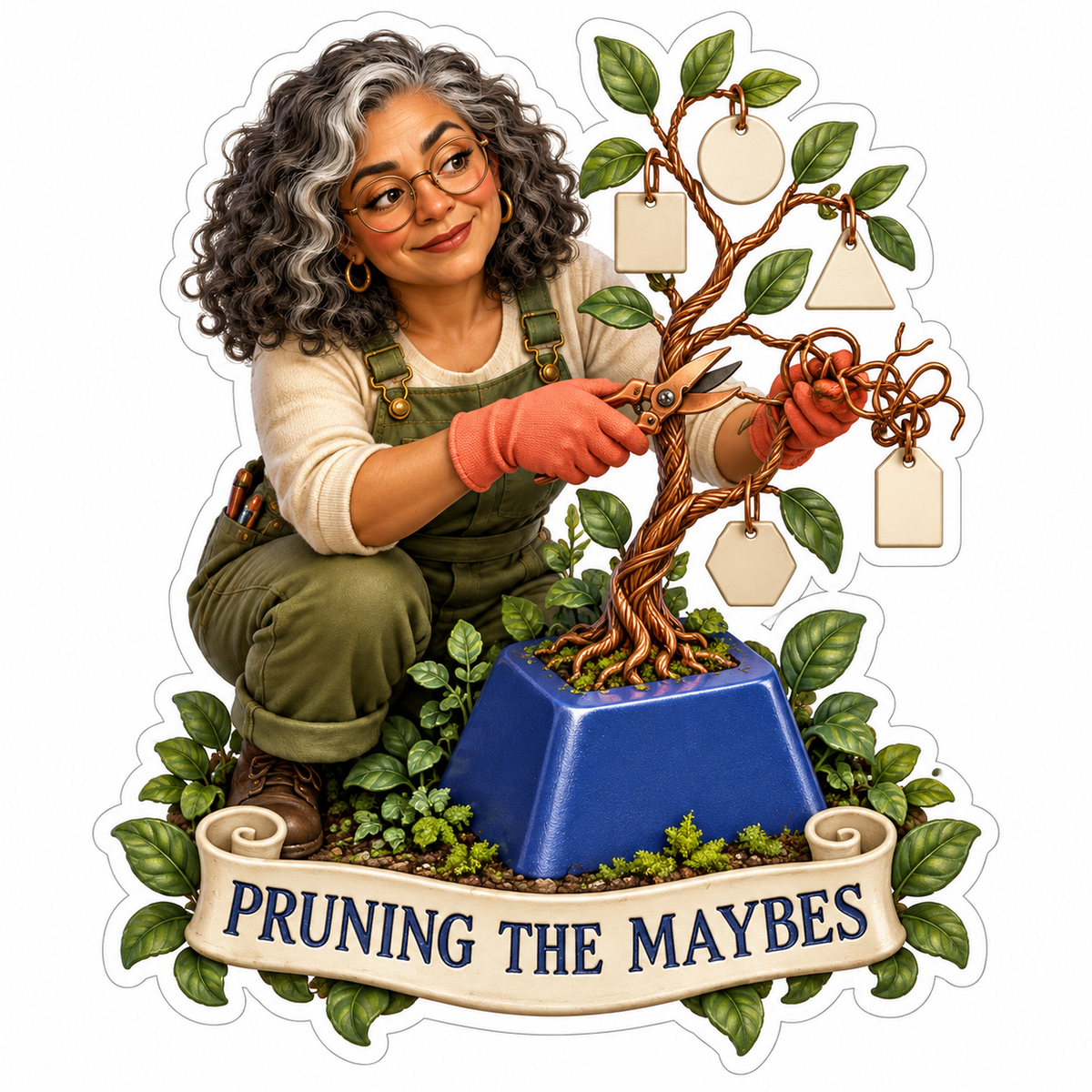 Woman Pruning Tag Filled Bonsai Tree Art Vinyl Decal Stickers