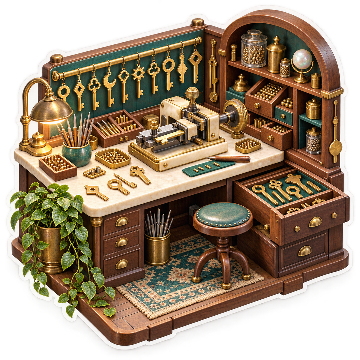 Golden Keys and Tools on Woodworking Desk Vinyl Decal Stickers