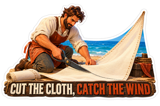 Man Cutting Cream Sail Cloth beside Blue Sea Vinyl Decal Stickers