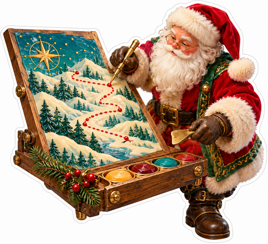 Santa Painting a Red Route across a Snowy Map Vinyl Decal Stickers