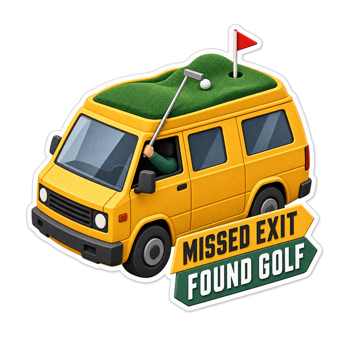 Yellow Van with Rooftop Golf Course Art Vinyl Decal Stickers