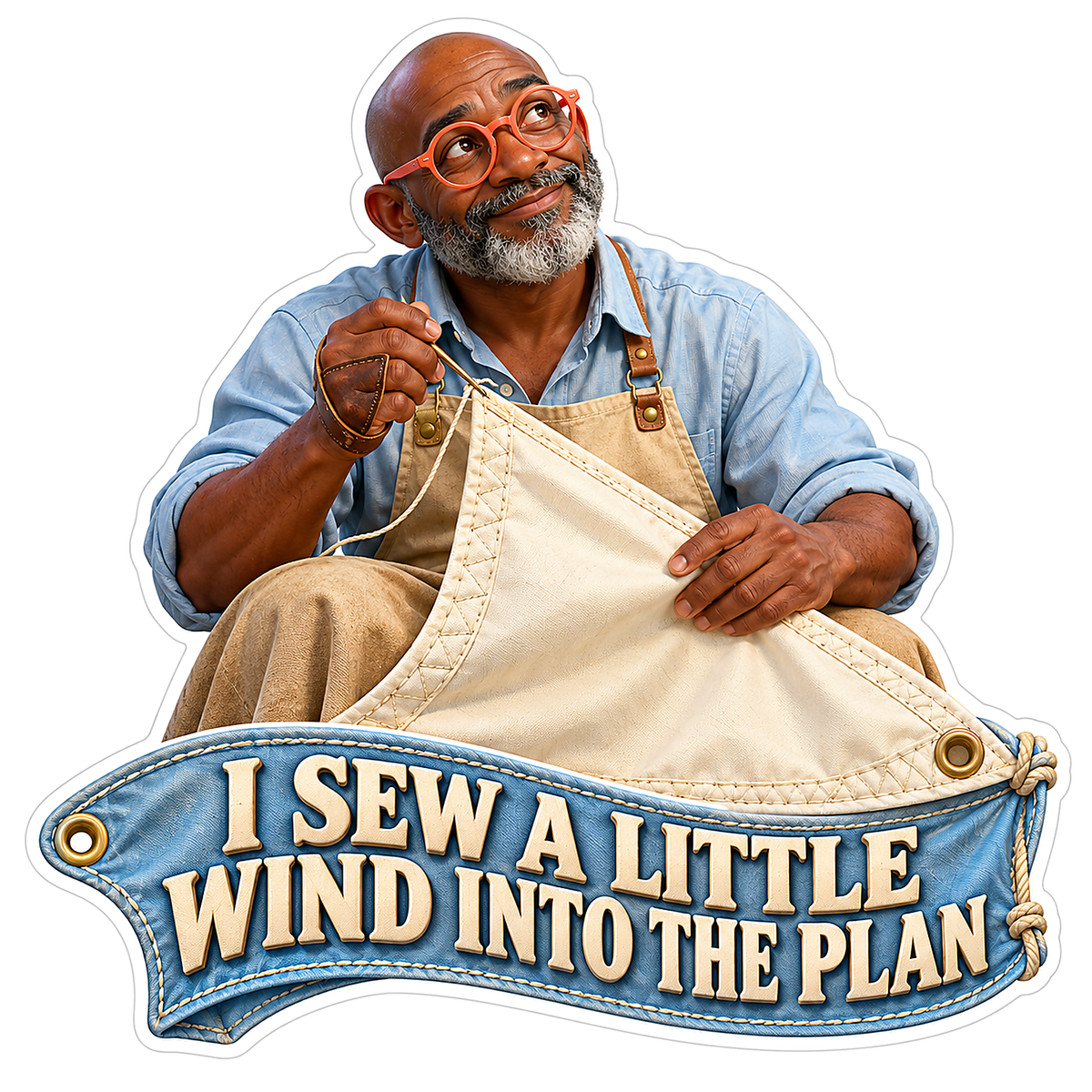 Man Stitching a Cream Sail with Metal Eyelets Vinyl Decal Stickers