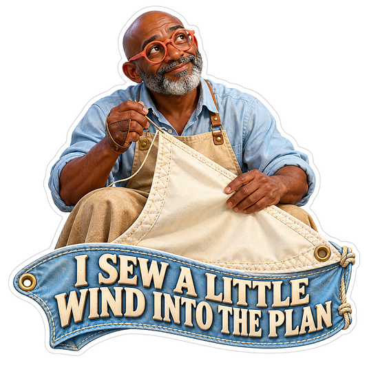 Man Stitching a Cream Sail with Metal Eyelets Vinyl Decal Stickers