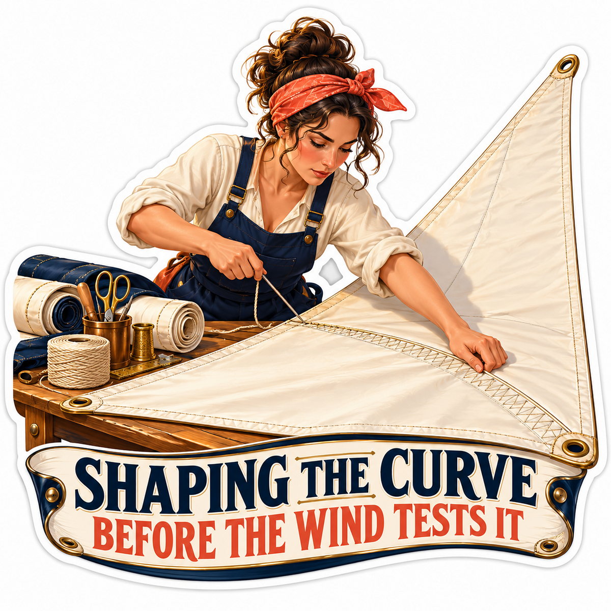 Sailmaker Stitching a Cream Triangular Sail Vinyl Decal Stickers