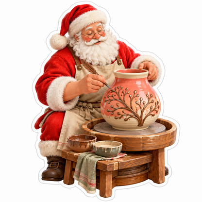 Santa Painting a Branch on a Coral Clay Vase Vinyl Decal Stickers
