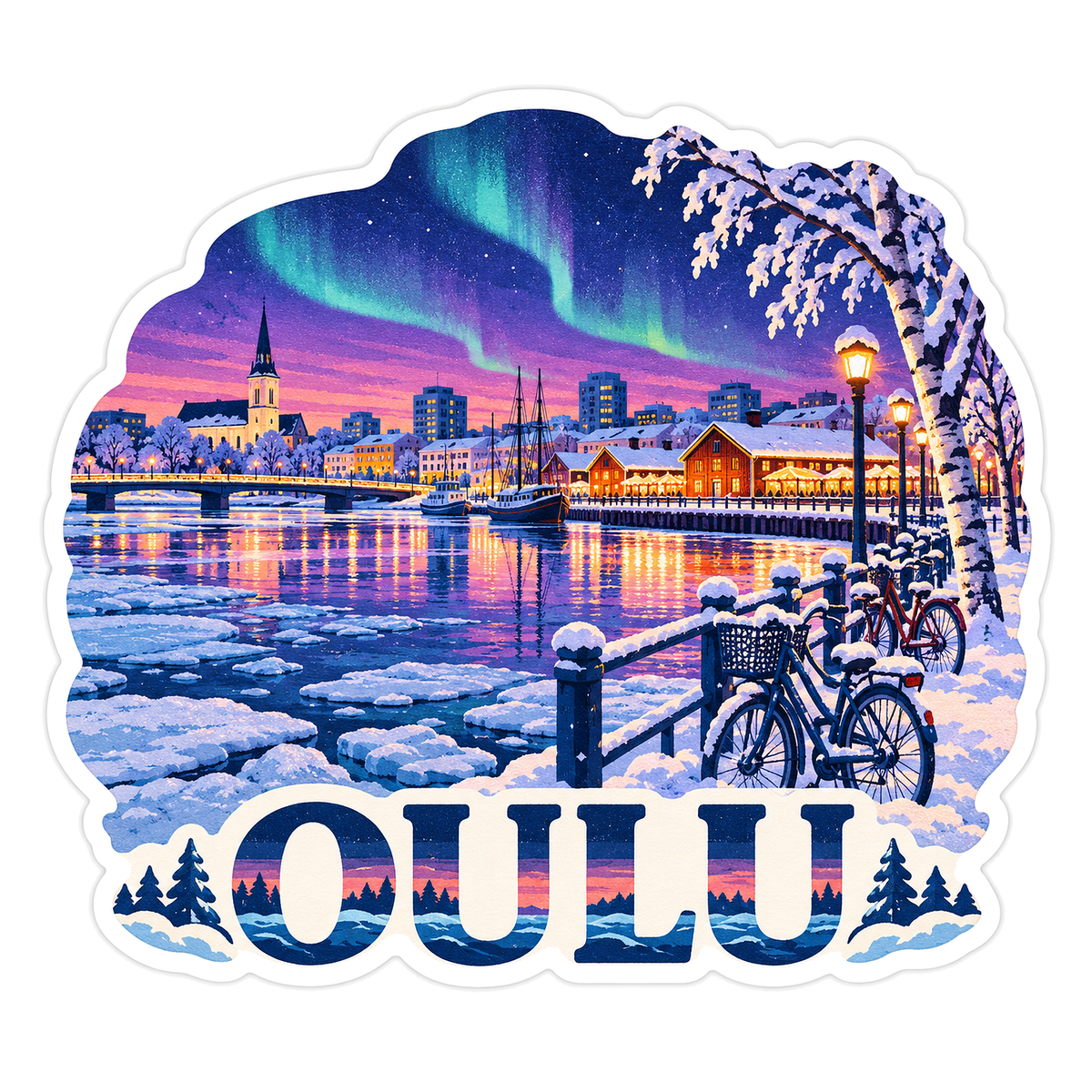 Oulu Winter Waterfront and Aurora Art Vinyl Decal Stickers