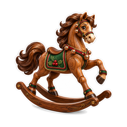 Carved Rocking Horse with Green Holiday Saddle Vinyl Decal Stickers