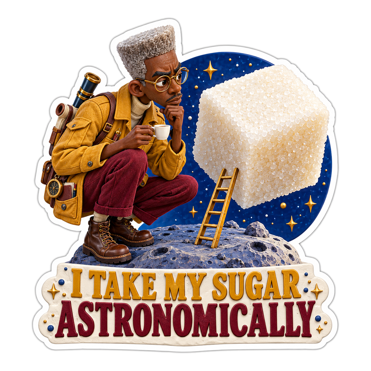 Moon Explorer with Giant Sugar Cube Art Vinyl Decal Stickers