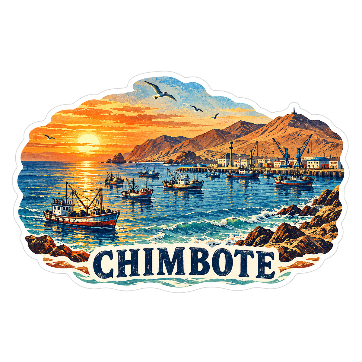 Chimbote Fishing Harbor at Orange Sunset Art Vinyl Decal Stickers