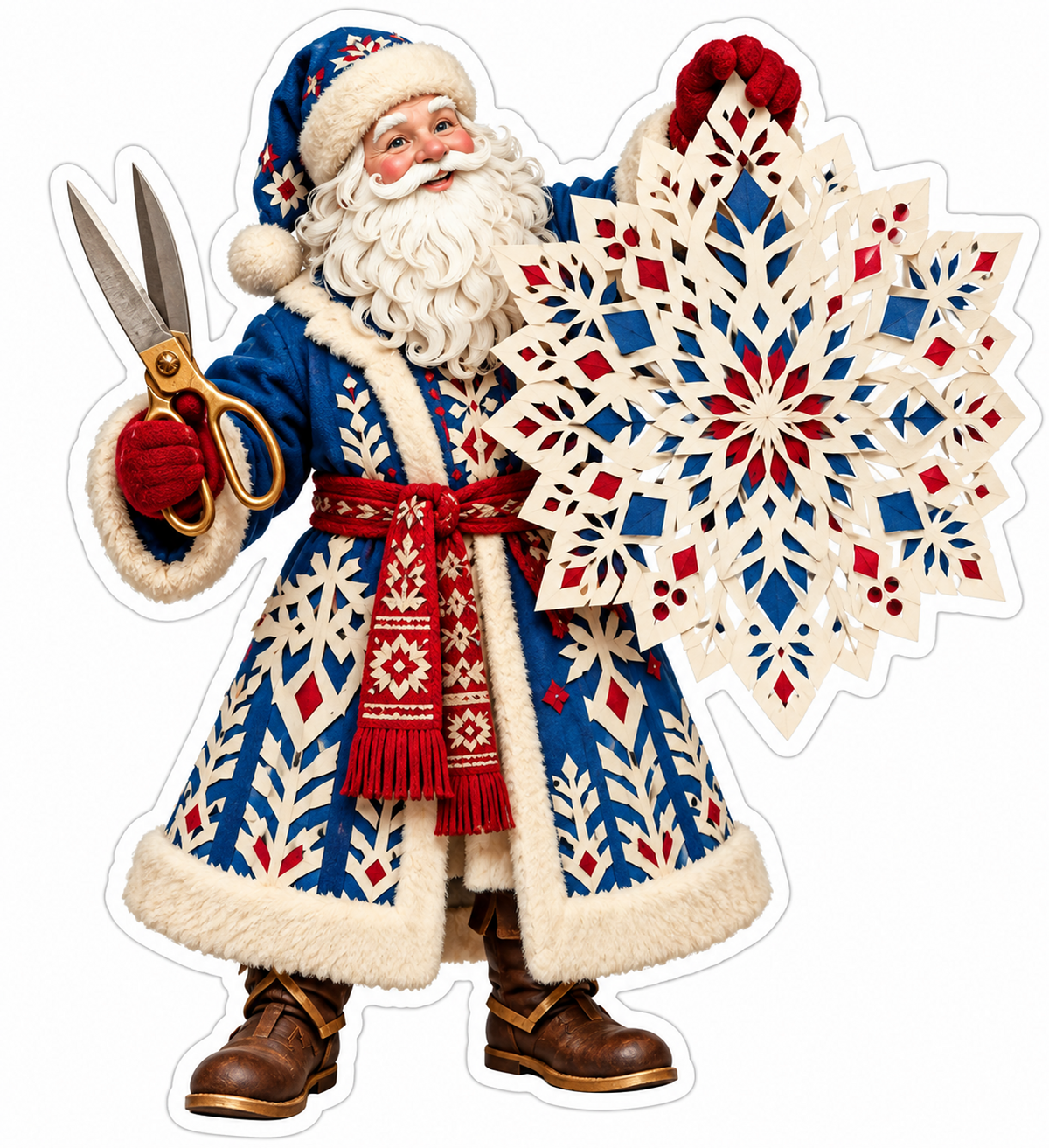 Blue Coat Santa Holding a Cut Paper Snowflake Vinyl Decal Stickers