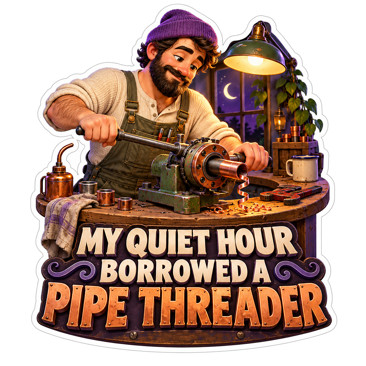 Bearded Man at Pipe Threader with Quiet Quote Vinyl Decal Stickers