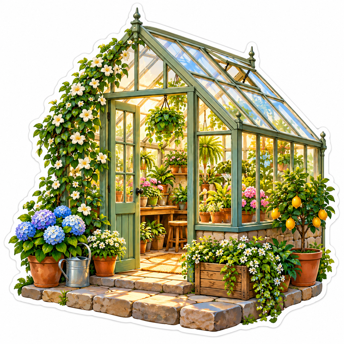 Sunlit Greenhouse with Flowers and Citrus Vinyl Decal Stickers