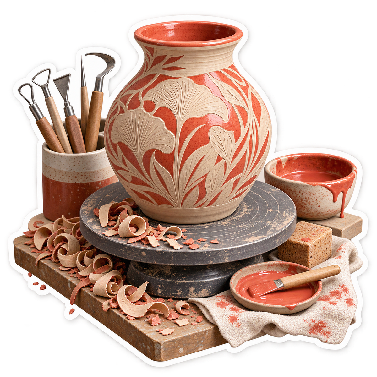 Coral Carved Floral Vase on Pottery Turntable Vinyl Decal Stickers