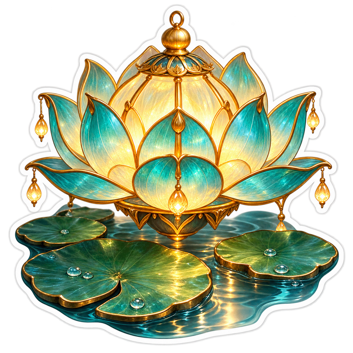 Glowing Teal Lotus Lantern on Lily Pads Vinyl Decal Stickers