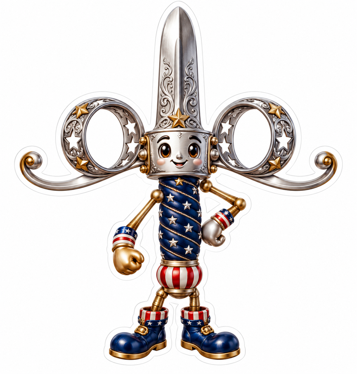 Ornate Silver Scissors Mascot with Stars Vinyl Decal Stickers