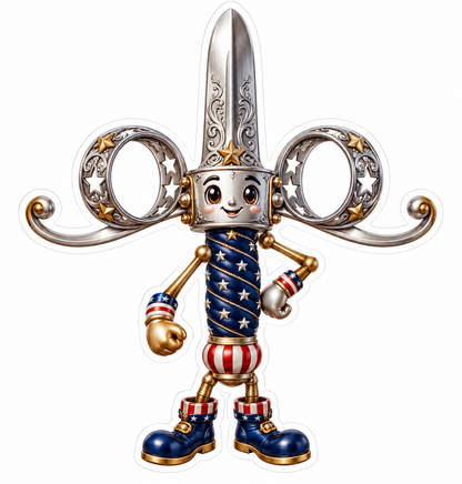 Ornate Silver Scissors Mascot with Stars Vinyl Decal Stickers