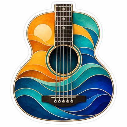 Sunset and Ocean Wave Acoustic Guitar Vinyl Decal Stickers