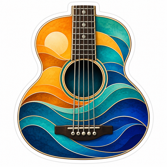 Sunset and Ocean Wave Acoustic Guitar Vinyl Decal Stickers