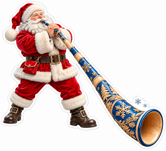 Santa Playing Long Blue Snowflake Horn Vinyl Decal Stickers