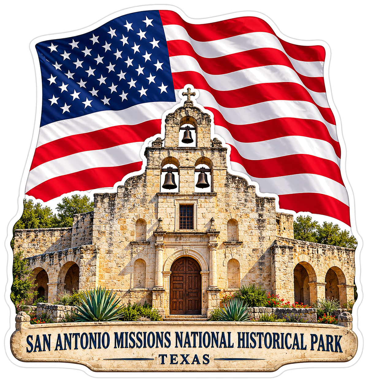 San Antonio Mission Church with US Flag Art Vinyl Decal Stickers