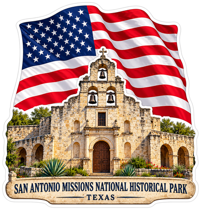 San Antonio Mission Church with US Flag Art Vinyl Decal Stickers