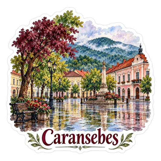 Caransebes Rainy Town Square Travel Art Vinyl Decal Stickers
