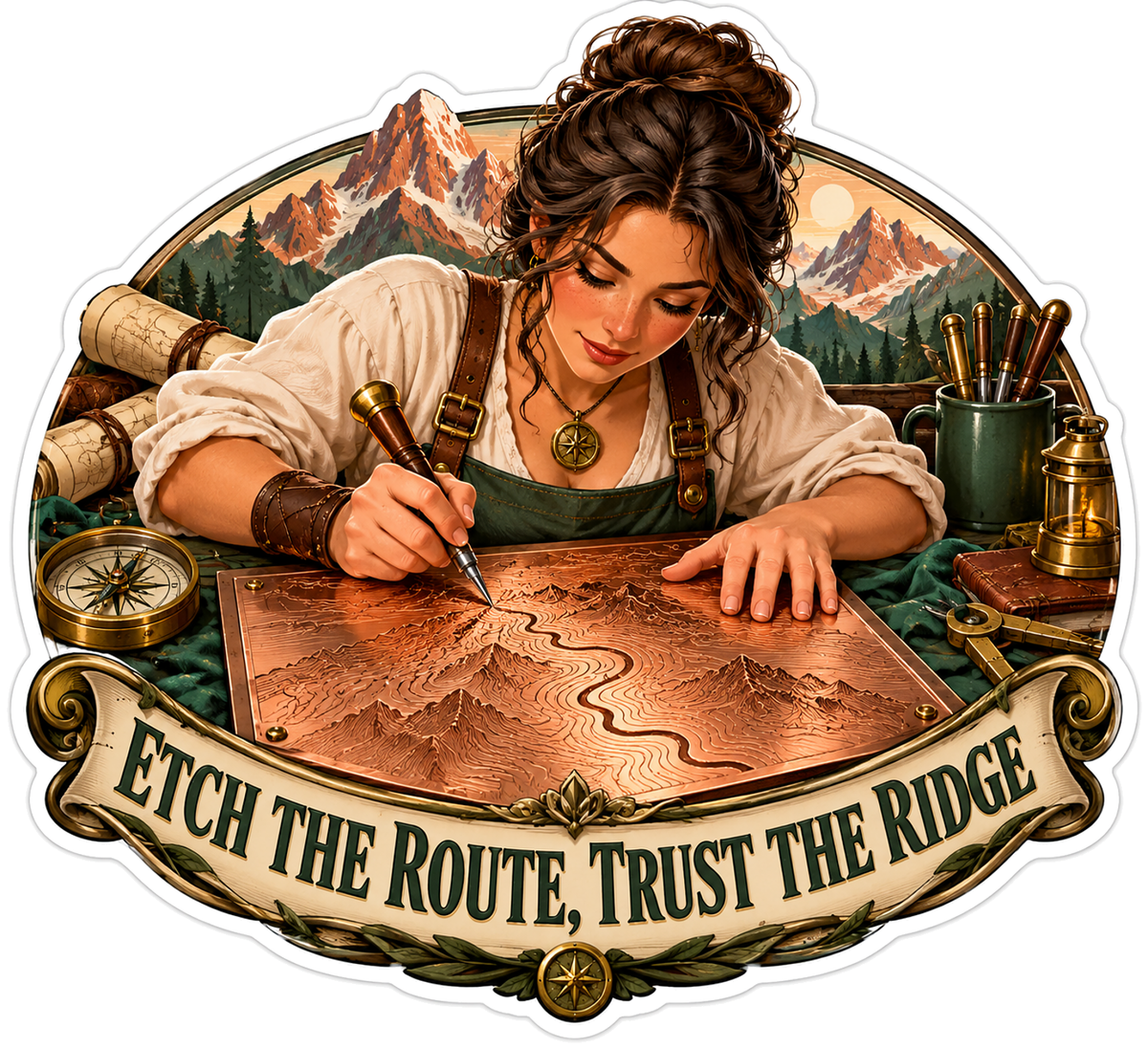 Woman Etching a Mountain Route on Copper Map Vinyl Decal Stickers