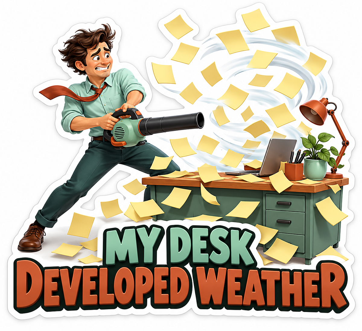 Man Blowing Papers Desk Weather Quote Vinyl Decal Stickers