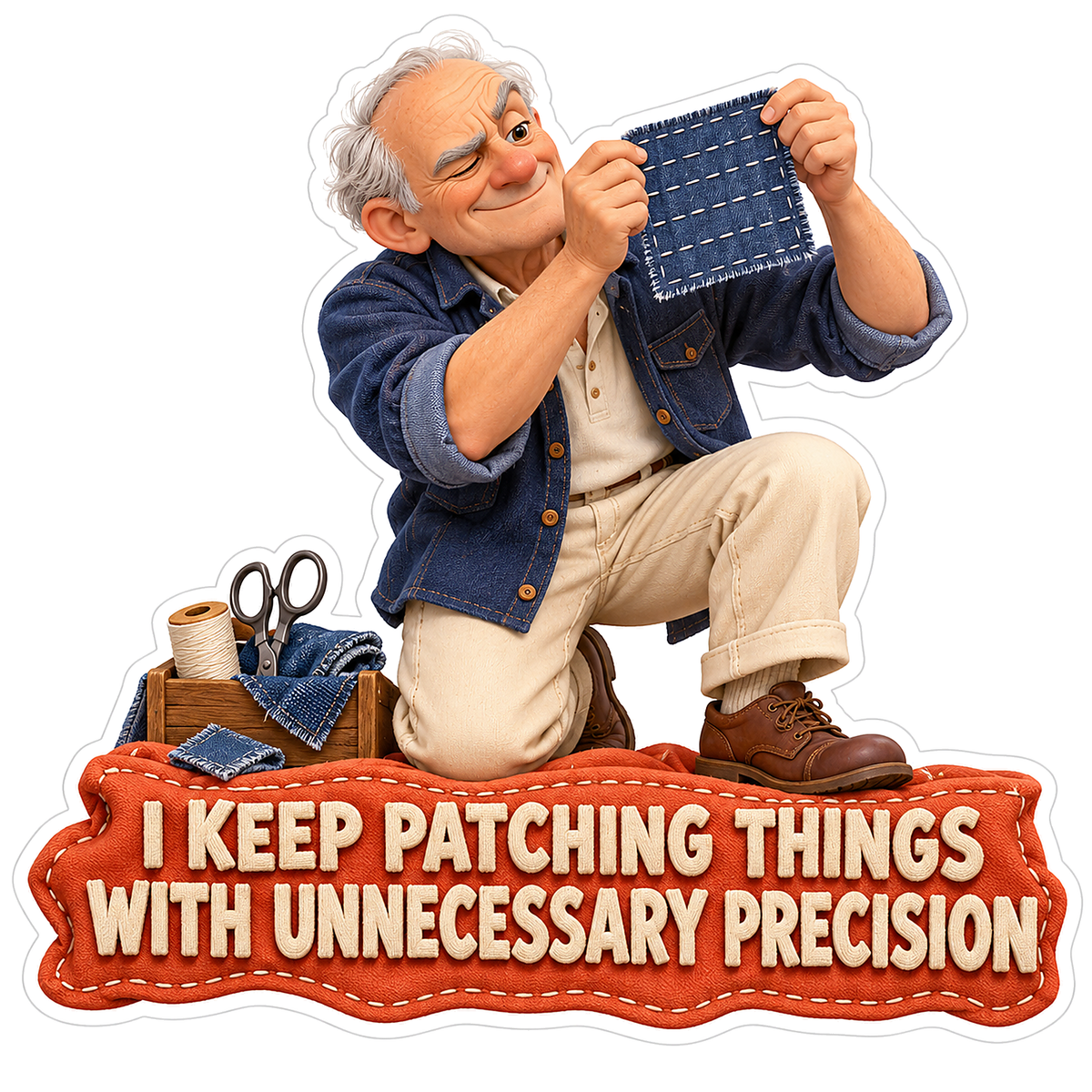 Man Stitching a Navy Patch with White Grid Vinyl Decal Stickers