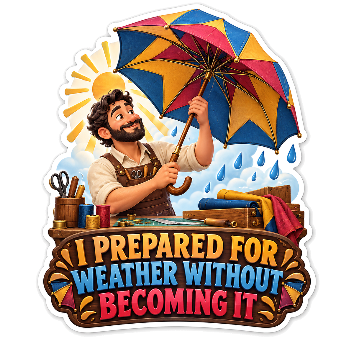Craftsman Making Colorful Umbrella in Rain Vinyl Decal Stickers