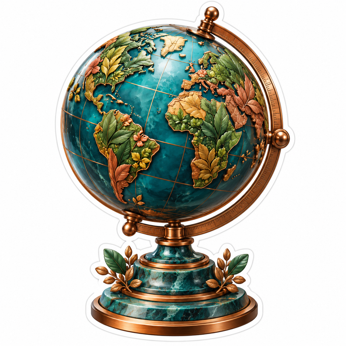 Botanical World Globe on Green Marble Stand Art Vinyl Decal Stickers