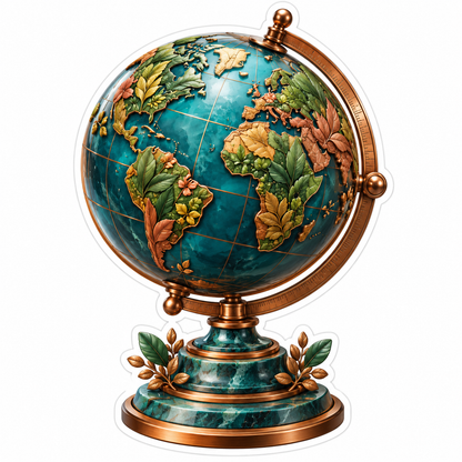 Botanical World Globe on Green Marble Stand Art Vinyl Decal Stickers