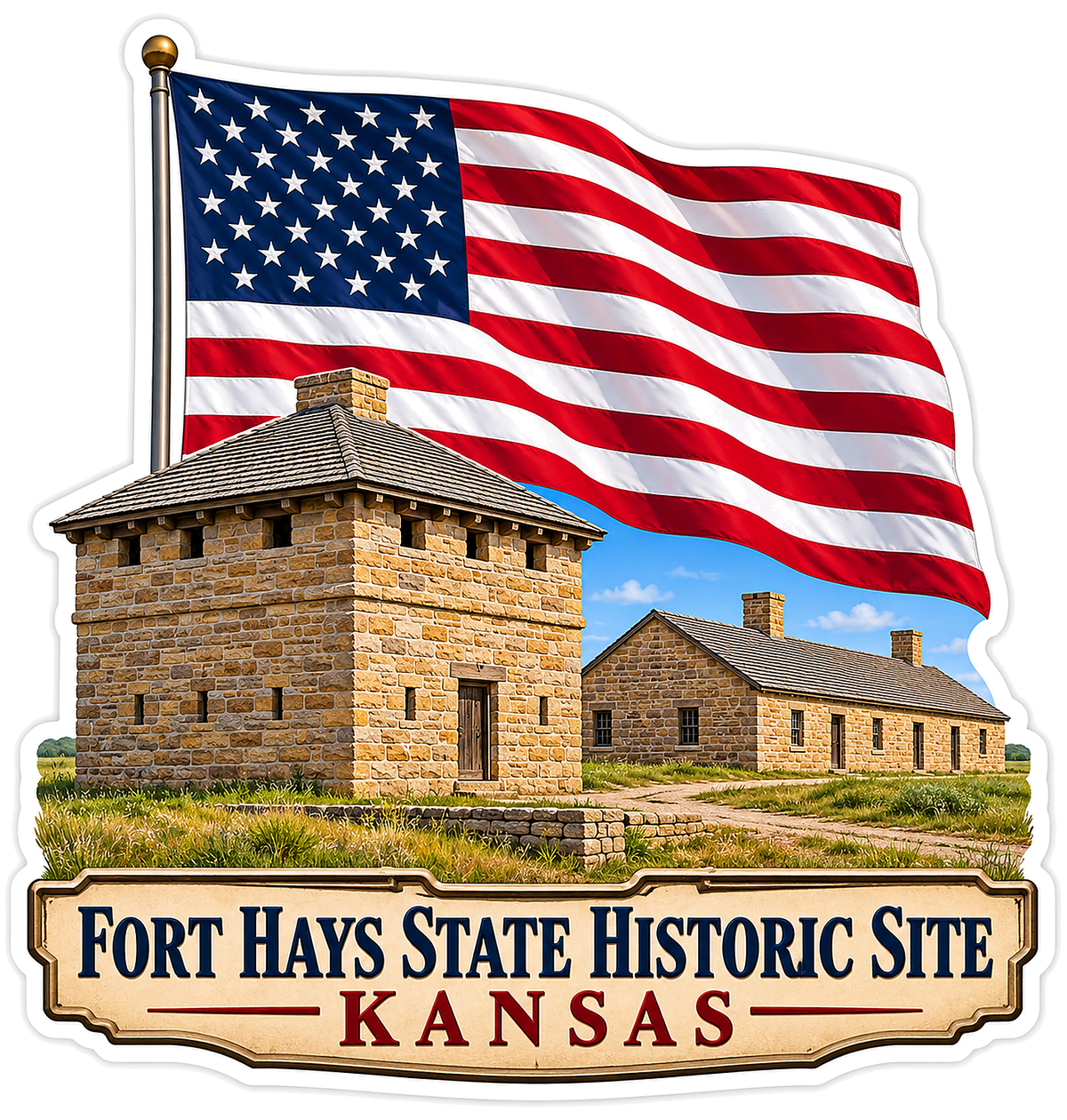 Kansas Stone Fort with US Flag Art Vinyl Decal Stickers