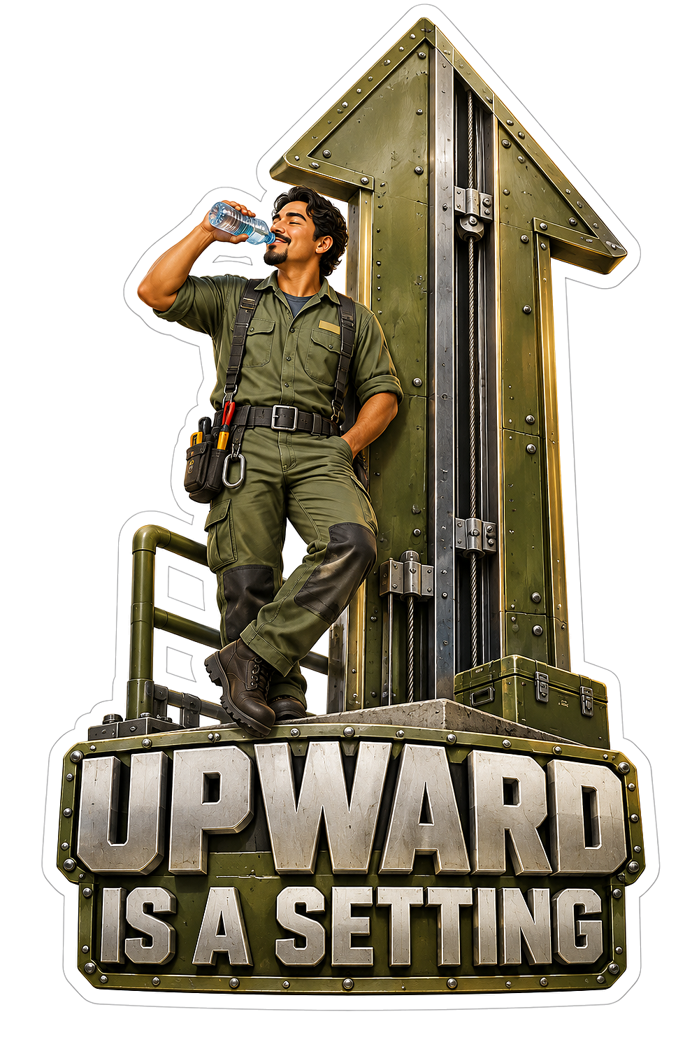 Worker Beside a Tall Riveted Upward Arrow Vinyl Decal Stickers