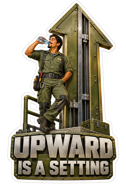 Worker Beside a Tall Riveted Upward Arrow Vinyl Decal Stickers