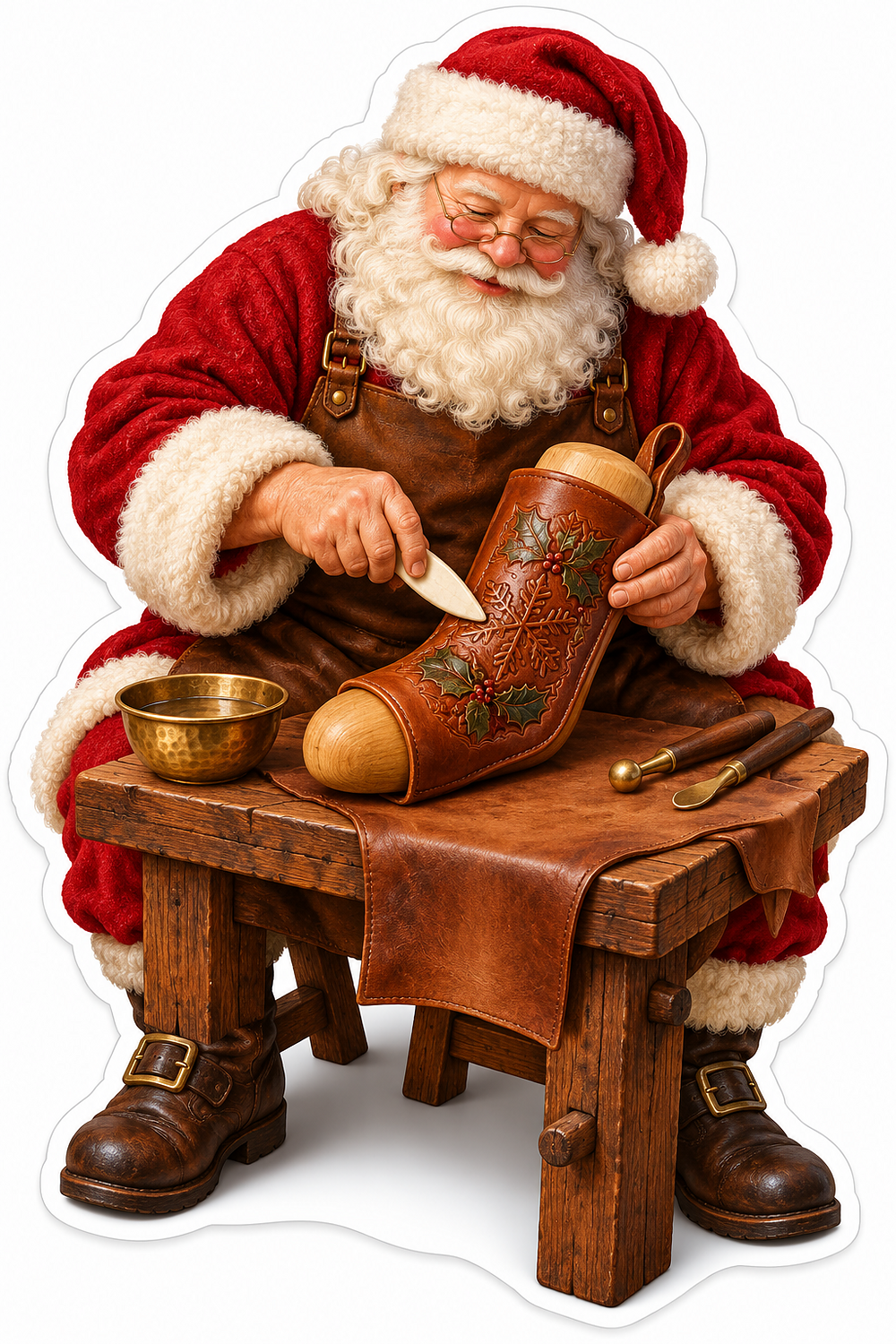 Santa Carving Holly into a Brown Wooden Shoe Vinyl Decal Stickers