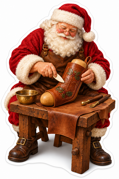 Santa Carving Holly into a Brown Wooden Shoe Vinyl Decal Stickers