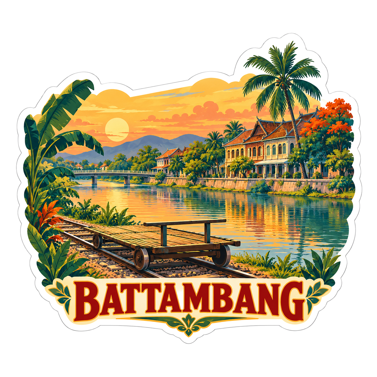 Battambang Riverside Sunset with Bamboo Cart Vinyl Decal Stickers
