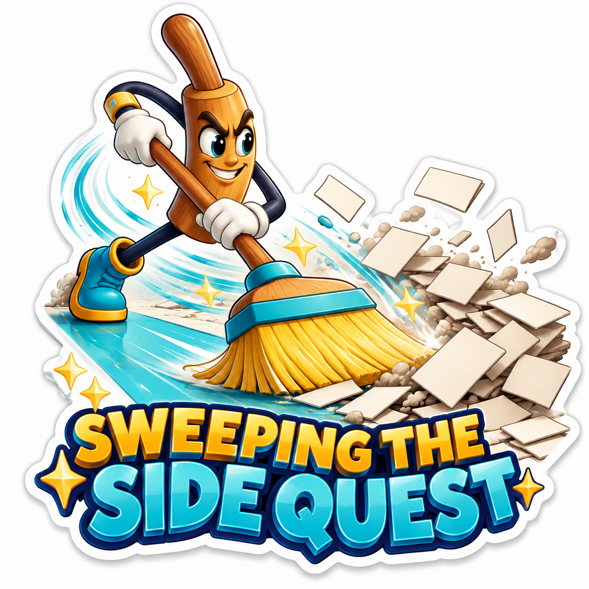 Yellow Broom Mascot Sweeping Scattered Papers Vinyl Decal Stickers