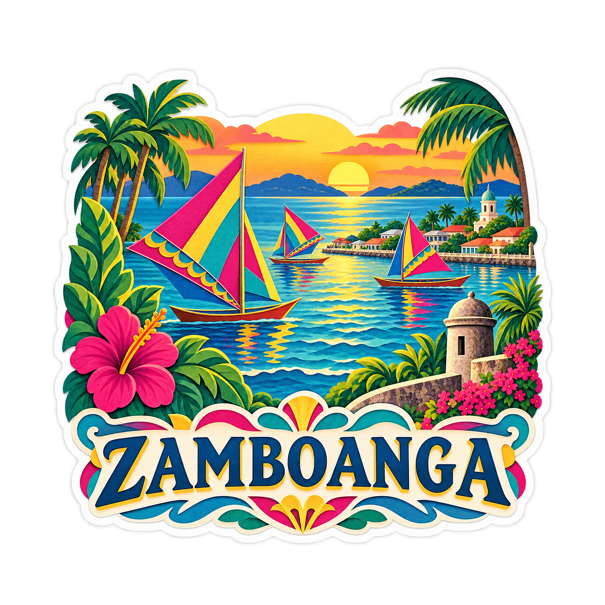 Zamboanga Colorful Sailboats at Sunset Vinyl Decal Stickers