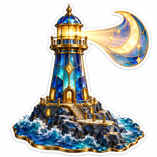 Blue Glass Lighthouse Shining at Crescent Moon Vinyl Decal Stickers